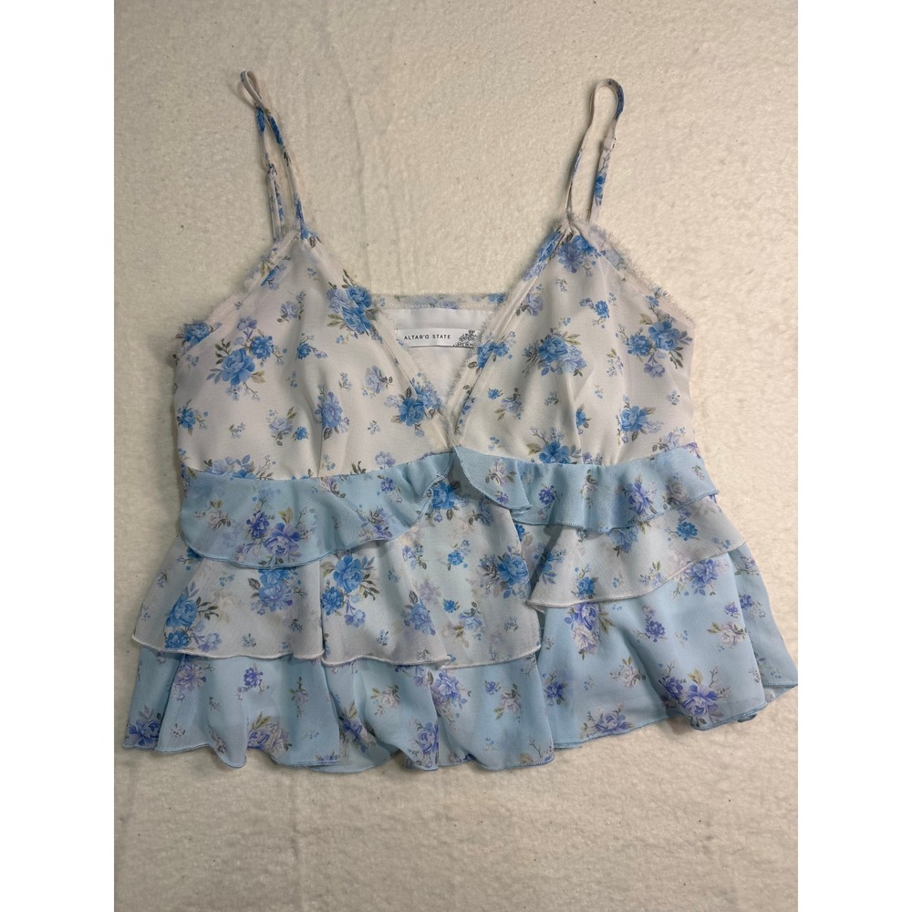 Altar'd State Blue Floral Tiered Ruffle Cami Top V-Neck Raw Edge Trim Medium